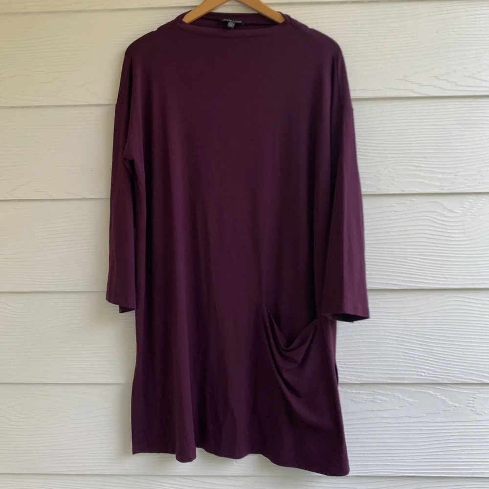 Eileen Fisher Maroon Tunic Top Mini Dress L Long Sleeve Pocket Slits Stretch
